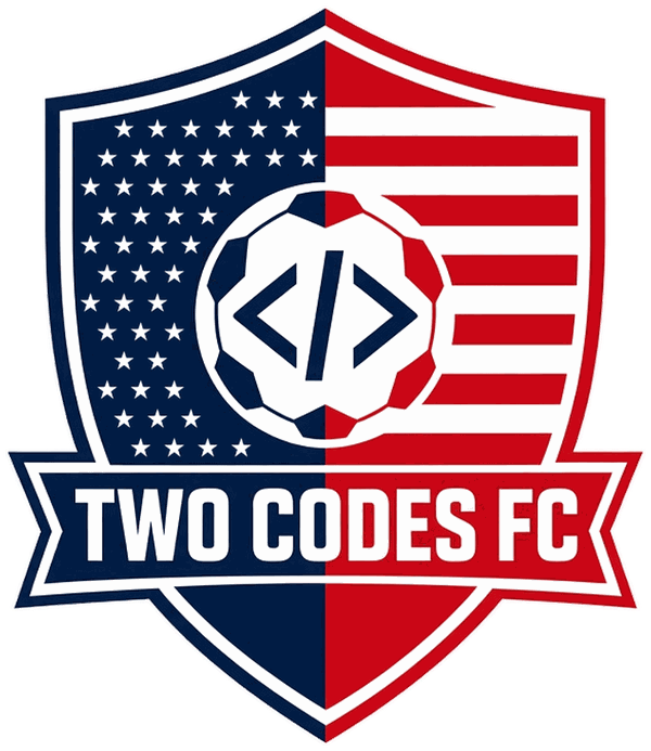 Two Codes FC crest: a shield split into stars and stripes with a soccer ball showing a code symbol and a Two Codes FC banner